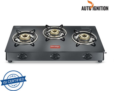 Prestige Atlas Plus High Effient Brass burner & Toughened Glass Automatic Gas Stove(3 Burners)