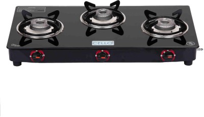 cello Gem 3 Burner Black Gas Cooktop,Toughened Glass, ISI Certified, 1 Year Warranty Glass Manual Gas Stove(3 Burners)