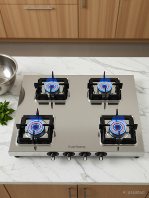 Everflame Prime 4 Burner Gas Stove | ISI Certified | 1.2mm Thick Body | 2 Years Warranty Stainless Steel Manual Gas Stove(4 Burners)