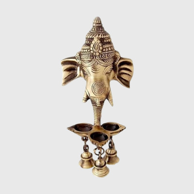 Artivia Brass Finished Idol Wall Hanging lord Ganesha with 3 Diya Brass Hanging Diya Brass Indoor Bell(Yellow, Pack of 1)