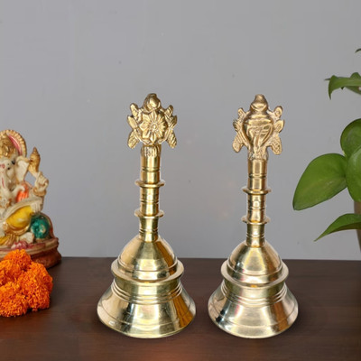 Flipkart SmartBuy Brass Handcrafted Pooja Bell with Shankh Chakra Sitting Handle for Temple 12cm Brass Pooja Bell(Gold, Pack of 1)
