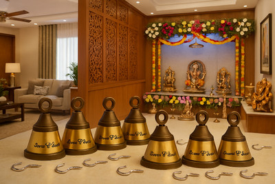 Smart Shophar Jingle Bell 1.25 Inches, Heigth 1.8 Inches Antique, Pack of 6 | With Cup Hooks Brass, Gold Plated Pooja Bell(Brown, Pack of 6)