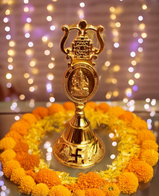 Om ShreeJee Decor Brass Metal Laxmi-Ganesh-Shreeyantra-Kuber Pooja Bell/Ghanti (13.5 cm, Golden) Brass Pooja Bell(Gold, Pack of 1)