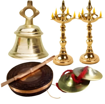 DHANVANTARI Premium Temple Pooja Combo (Bell, Diya, Gong & Manjira) Brass, Bronze Pooja Bell(Gold, Pack of 6)