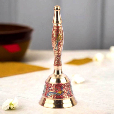 Satvik Meenakari Handcrafted Brass Puja Bell – 7 inch Temple Aarti Ghanti, Red Finish Brass Pooja Bell(Gold, Pack of 1)