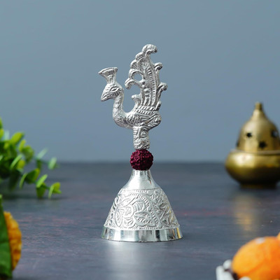 ZenCrafts Antique HandiCrafted Peacock Pooja Bell and Rudraksha with Silver Box Aluminium, Silver Plated Pooja Bell(Gold, Pack of 2)
