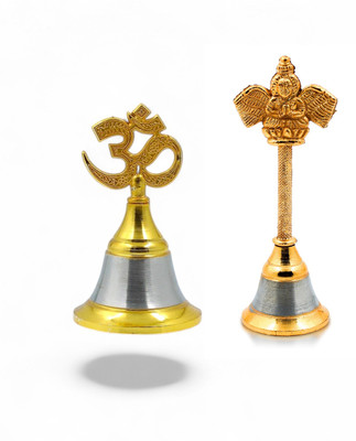 Adhvik Set Of 2 OM And Garud Head Small Size Spiritual Prayer Bell for Mandir Puja Plastic Pooja Bell(Yellow, Silver, Pack of 2)