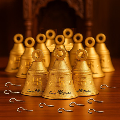 Smart Shophar Jingle Bell 1.5 Inches, Heigth 2.05 Inches Gold, Pack of 12 With Cup Hooks Brass, Gold Plated Pooja Bell(Gold, Pack of 12)