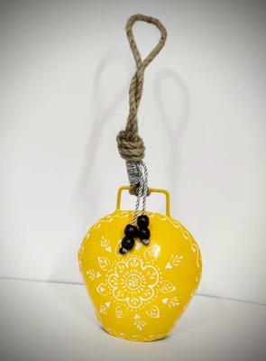 MIRAMAYEE 6 Inch Handcrafted Yellow Iron Hanging Bells – Rustic Ethnic Decorative Bell Iron Cow Bell(Yellow, Pack of 1)