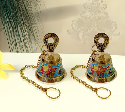Dsh Handcrafted Brass Temple Hanging Bell with Chain Home Mandir Decoration . Brass Pooja Bell(Gold, Blue, Pack of 2)