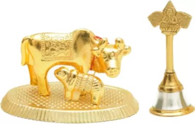 METBRIGHT Golden Color Kamdhenu Cow With Calf + 1 Brass Golden Color Pooja Bell (Combo) Brass Pooja Bell(Gold, Pack of 1)