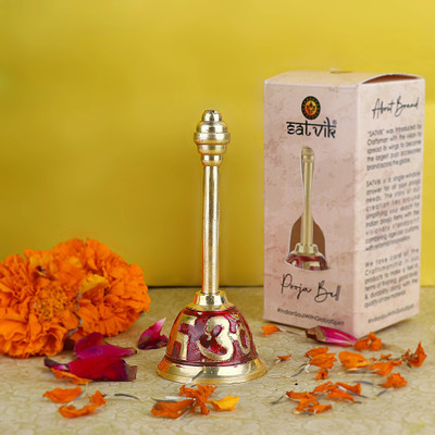 Satvik Om Swastik Brass Puja Bell -Red Finish Temple Ghanti for Home Mandir Brass Pooja Bell(Gold, Red, Pack of 1)