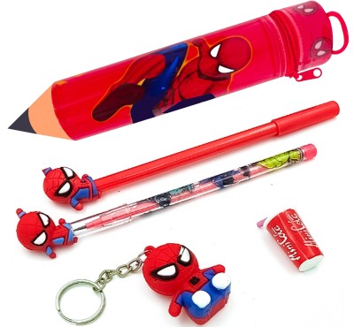 Chama 2023 Cartoon Spider Man ( 5 Items ) Combo 1 Pen 1 Pencil 1 Eraser 1 Key Chain Geometry Box(Red, Multicolor)