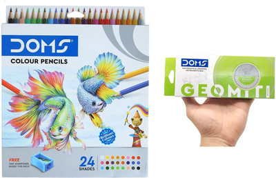 DOMS WaterColor Pencil 24 Pc Sharpner Inside With Geomiti Box Instrumental Geometry Box(Multicolor)
