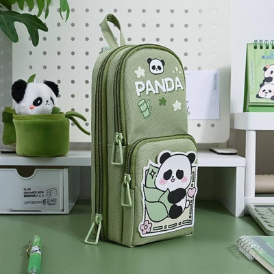 MOOZICO Cute Panda Print Large Capacity 6 Pocket Pen Pencil Pouch Case with Zip Closure Geometry Box(Green)