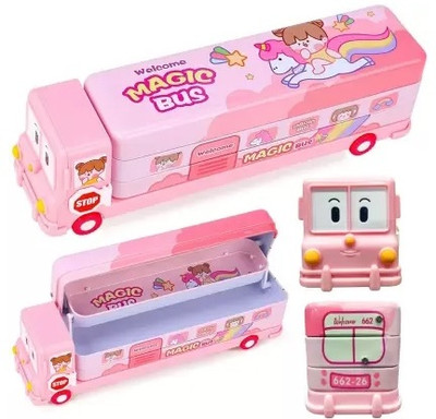 Vellora Magic Bus Student Cute Pencil Box Three Layer with Sharpener (Space Bus) Geometry Box(Pink)