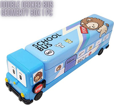 Extraposh Double Decker Bus Shaped Pencil Box with Wheels and Sharpener Geometry Box(Blue)
