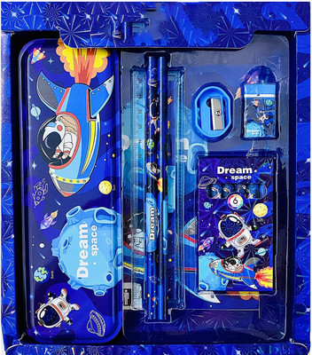 Potasa Trendy Dream Space Theme gift Kit for Kids - Stationery Box Pencil case Eraser Geometry Box(Dark Blue)