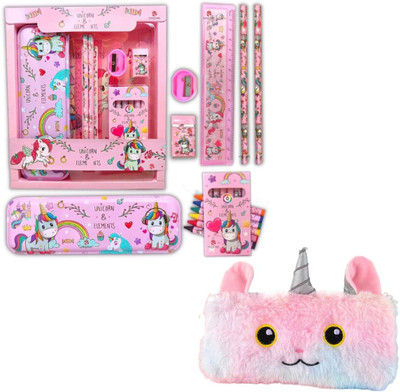 ROMYCRON Combo Unicorn Stationery kit Set and Fur Pencil Pouch for Girls Geometry Box Set Geometry Box(Pink)