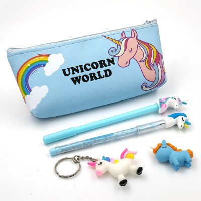 ZAYDANIC Unicorn Lovers Delight Pencil Box Pouch with Fun Accessories for Kids Unicorn-Themed Art Canvas Pencil Box(Set of 5, Blue)