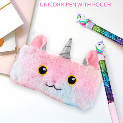 SAFESEED Cute Unicorn Fur Pouch With 2 Unicorn Pens for Boys and Girls Geometry Box(Multicolor)