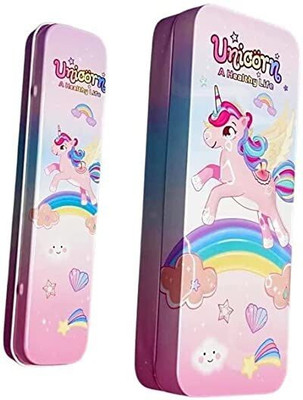 Omkara 2 in 1 Unicorn Theme 3D Embossed Metal Pencil Box. Geometry Box(Pink)