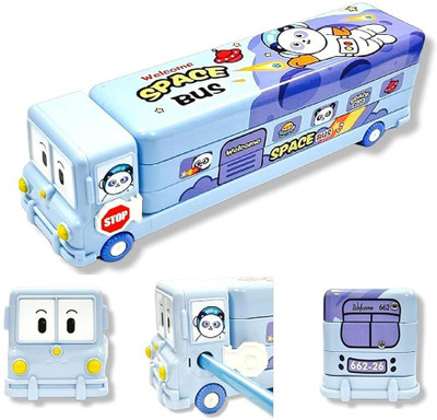 K3NTERPRISES School Bus Shaped Pencil Box for Kids with Wheels and Sharpener (Metal) - Blue Geometry Box(Blue)