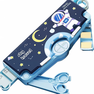 JOY MAKER SPACEMAN ASTRONAUT THEME MULTI LAYER MULTIPLE BUTTONS PLASTIC COMPASS BOX Art Metal Pencil Box(Set of 1, Multicolor)