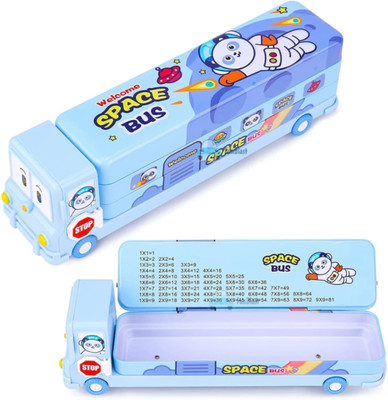knob Multicolor Cartoon Printed School Bus Metal Bus Pencil Box With Moving Tyres Geometry Box(Light Blue)