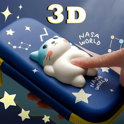 Chiransi Cat 3D EVA Cartoon Theme Soft Pencil Pouch Geometry Box(Blue)
