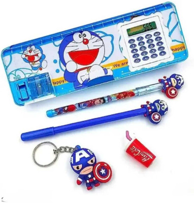 knob Doraemon Magnetic Pencil Box with Calculator & Dual Sharpener for Kids Geometry Box(Blue)