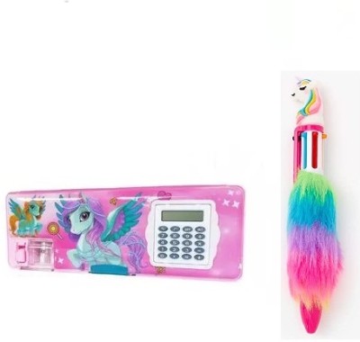 RHINETOYS Pink Unicorn Calculator Geometry + 1 Multicolor (6in1) ink color Fur pen, Dual Side Magnetic Closure Unicorn Pencil Case With Sharpeners And Calculator Art Plastic Pencil Box(Set of 2, Pink)