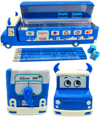 Encore Two Compartment Compass Box-Daily Fresh Milk Metal Pencil Box with Moving Tyres. Geometry Box(Blue)