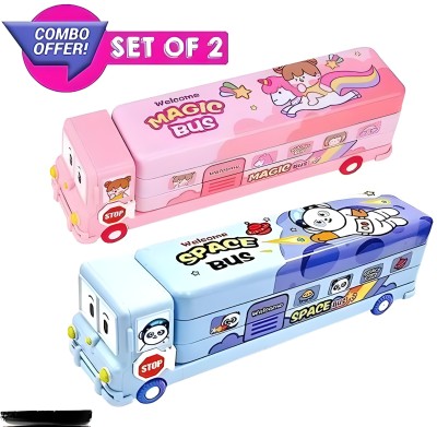 RETRIX Set of 2 Cartoon Printed School Bus Matal Pencil Box with Moving Tyres Geometry Box(Pink, Blue)