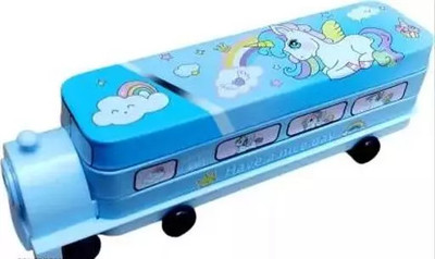 Tennessine Unicorn Train Shape Pencil Box With Movable Wheels & Sharpener | Geometry Box(Blue)