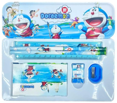 RAINBOW RIDERS Doraemon Stationery Kit Bag Shape & Art Plastic Pencil Box Combo Set Geometry Box(Blue)