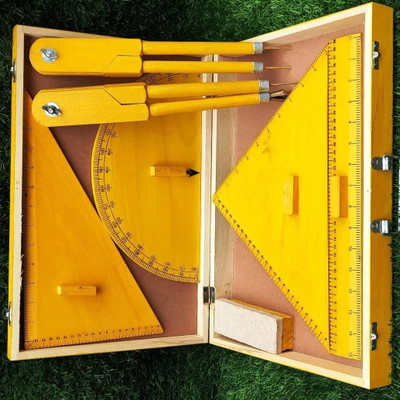 Antiquity Wooden Teacher Geometry Set of 7 With Yellow Color Geometry Box(Yellow)