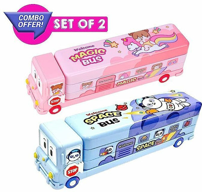 Mikki Tikki School Bus Pencil Box For Kids - Pack of 2 Compass Car Pencil Box Set Geometry Box(Multicolor)