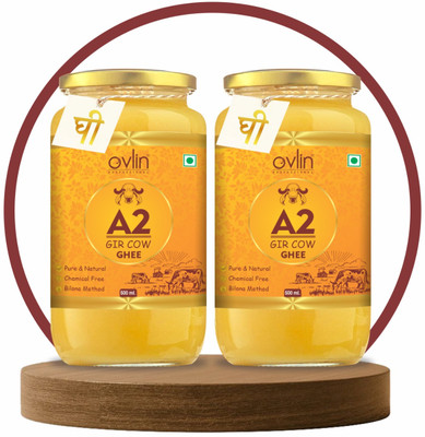 Ovlin Ghee Premium A2 Gir Cow Cultured Desi Ghee from Kesariya Farm | Bilona Ghee Glass Bottle(500 ml, Pack of 2)