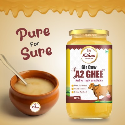 Kihaa Vedic Ghee Premium A2 Gir Cow Ghee Desi Cow Ghee Bilona Two Way Hand Churned Ghee 1 L Glass Bottle