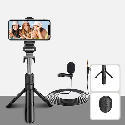 POZUB 3in1 Multi-Purpose Extendable Bluetooth Selfie Stick Tripod Stand with Wireless Detachable Remote With + Lapel 3.5mm Collar Microphone wired mic plug & play condenser Lavalier microphone For Voice Recording Microphone PZB-XT012 Travel Tripod Stand Flexible Handheld Selfie Stick Holder Action C