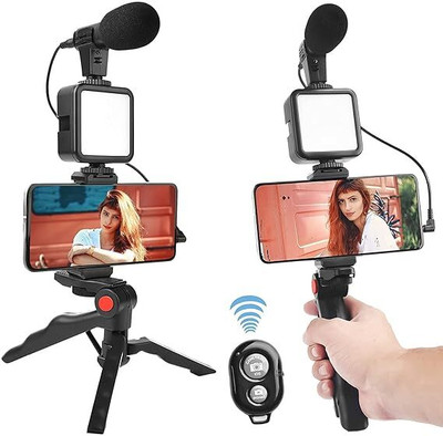 CHG Vlogging Kit 6 in 1 for iPhone, Android (with Tripod), Mini LED 3 Axis Gimbal for Camera, Mobile(1500)