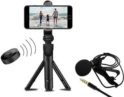 POZUB Wireless Integrated Folding Telescopic Tripod Mobile Phone Selfie Stick + Lapel 3.5mm Collar Microphone wired mic plug & play condenser Lavalier microphone Wireless Bluetooth Selfie Stick Tripod Foldable Tripod Monopods Tripod Kit, Tripod Bracket, Monopod Compatible with Mobiles Video Stand in