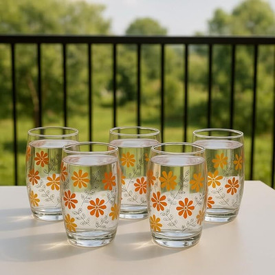 lhc (Pack of 6) Premium Drinking Glass Set | Yellow Flower Printed Drinking Glasses Glass Set Water/Juice Glass(200 ml, Glass, Clear)