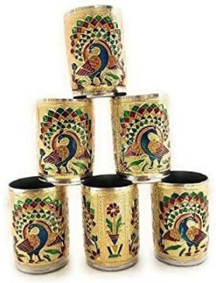 Holy Delight (Pack of 6) Meenakari Peacock Design Stainless Steel Glass Set 6Pcs Water and Juice Glass Glass Set Water/Juice Glass(250 ml, Steel, Gold)