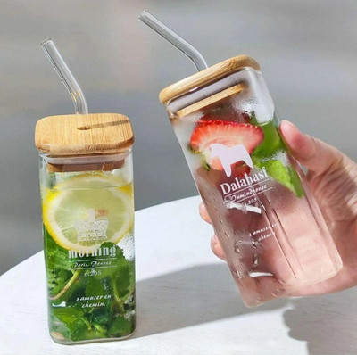fielrop Printed Square Coffee Glass Sipper with Airtight Wooden Lid and Glass Straw Glass Mason Jar(415 ml)