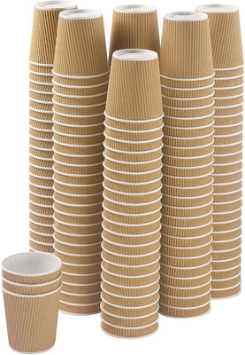 Eos (Pack of 50) 50 X 225ml Disposable Kraft Paper Cups for Hot and Cold Drinks, Triple Walled Ripple Cups for Coffee, Tea and Other Drinks Hot and Cold Disposable Tableware Glass Set Water/Juice Glass(225 ml, Paper, Brown)