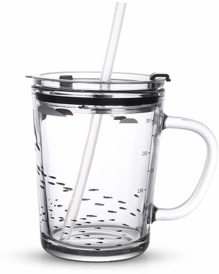 KDZONE Transparent Glass Mason Jar With Handle Straw & Transparent Lid 300ml Glass Water/Juice Glass(300 ml, Glass, Clear)