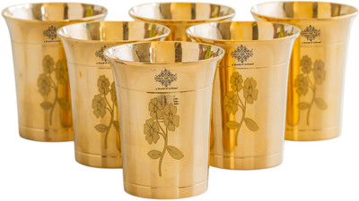 IndianArtVilla (Pack of 6) Brass Glass With Curve Lining Laser Printed Design,Gold, 280 ML, 6Pcs Glass Set Beer Glass(0.28 ml, Brass, Gold)
