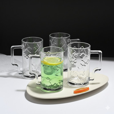 AFAST (Pack of 4) Stylish Transparent Handle Mug, Pack Of 4 -A3 Glass Set Beer Glass(400 ml, Glass, Clear)